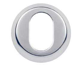 Blankforkromet ASSA ABLOY dækplade, model 181141, til kasselås med rundt ydre og aflang åbning, set forfra.