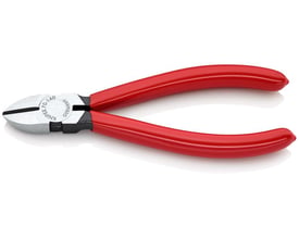 Nærbillede af Knipex sidebidetang 7001 med 140mm længde, viser det dyppede røde greb og præcisionsskærene.
