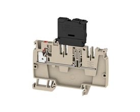 Weidmüller Push IN distributionssklemme, beige/rød, med plads til 5x20mm sikring og 4mm² Push-in tilslutning.