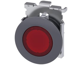 Siemens SIRIUS ACT oplyst trykknap, 30mm, rund, med mat metal og rød frontring til plan installation.