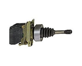 Nærbillede af Schneider Electric XD4PA24 joystick, viser den korte grebsdetalje og 4 betjeningsretninger med fjederretur.