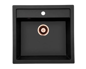 Lavabo Jupiter 60 køkkenvask i sort kompositmateriale, vist ovenfra med en enkelt kumme og kobberfarvet afløb.