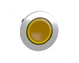 Schneider Electric Lampetrykhoved Flush ZB4F i gul med kromkant, designet til LED belysning og 30 mm monteringshul.