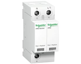 Schneider Electric overspændingsafleder A9 iPRD 20 1PN 350V, med N og L/N mærkninger samt "Red = Replace" indikatorer.