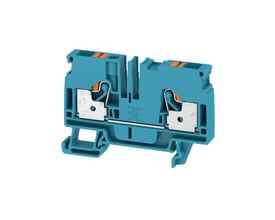 Blå Weidmüller A2C 6 BL gennemgangsklemme isoleret på hvid baggrund, vist med frontåbning og metalterminaler.