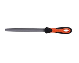 Detaljebillede af Bahco halvrundfil 150mm, viser den spidse form og det ergonomiske håndtag med orange detalje.