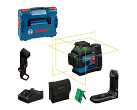 Bosch GLL 12V-100-33 CG Professional linjelaser med medfølgende tilbehør, herunder L-BOXX, batteri og holder.