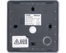 Bagside af Helvar Illustris DALI Interface 290B, med detaljeret mærkning og monteringshuller.