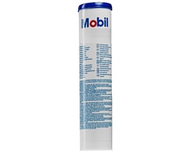 Mobil Mobilith SHC 100 smørefedt på 0,38 kg i en hvid beholder med blå top, vist med informationstekst på flere sprog.