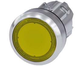 Siemens 22mm rund trykknap i skinnende gul metal med låsefunktion, vist på hvid baggrund.