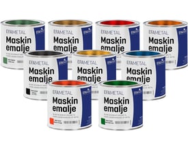 En samling af EFApaint Maskinemalje dåser i forskellige farver, herunder grøn, sort, rød og orange, alle med blank og robust finish.