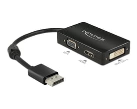 Sort DeLOCK DisplayPort-adapter med kort kabel og VGA-, HDMI- og DVI-udgange, vist med stik og tilslutninger.