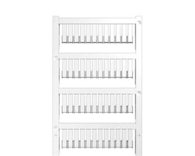 Weidmüller ZS12/6MC klemmemærker, blank og uden tryk, præsenteret på et printsystem med fire rækker. Fremstillet af halogenfri Polyamid 66.