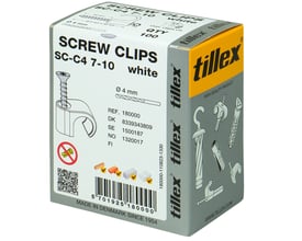 Pakke med 100 stk. Tillex skrue clips SC-C4 7-10 i hvid, viser produktinformation og Torx20 kærv.