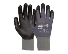 Grip arbejdshandsker i størrelse 8 med sort nitrilbelægning og grå nylon/lycra strik på hvid baggrund.