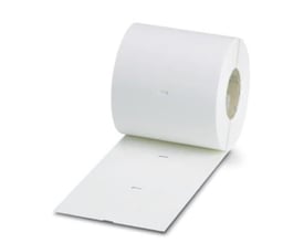 Nærbillede af en rulle med hvide Phoenix Contact WML 14 kabelmærkeetiketter, 25x19mm, klar til print.