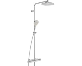 Oras Optima Style Rain brusesystem i stål med rund hovedbruser, håndbruser, slange og termostatarmatur.