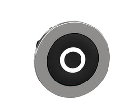 Schneider Electric Harmony XB4 trykknap i metal med sort, plan trykflade med hvidt "O" mærke, på hvid baggrund.