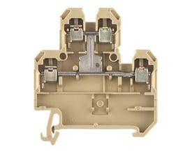 Weidmüller DK Q/35 dobbeltklemme i beige med synlige metalskrueterminaler, set lige forfra.