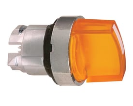 Sidevisning af Schneider Electric drejegreb med metalring og klar orange linse, der viser en 22mm monteringsdiameter.