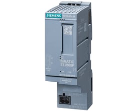 Siemens SIMATIC ET 200SP Profinet interface modul IM155-6PN basic med to RJ45 porte og mærkat med MAC adresse.