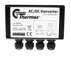 Thermex AC/DC Konverter til emhætte, med tydelig mærkning af specifikationer og tilslutninger.