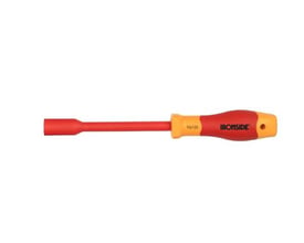 Ironside VDE-topskruetrækker på 10 mm med rødt skaft og gul-orange tokomponentgreb, set fra siden.