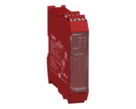 Schneider Electric Modicon XPSMCMC10804 sikkerhedskontroller med 8 status-outputs i rød plast, monteret på DIN-skinne.