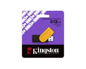 Emballagen til Kingston DT Exodia S USB-lagerenhed viser den sort-gule enhed med USB-stik og 512 GB kapacitet.