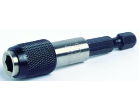 Ironside bitsholder med hurtigskift, 60 mm, set skråt med sort riflet greb, metalhylster og 1/4-tommers sekskantskaft.
