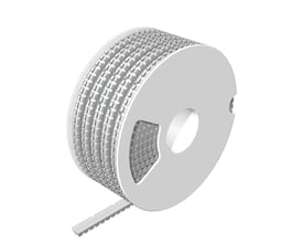 Hvid, umærket kabelopmærkning fra Weidmüller på en rulle, beregnet til ledere med en diameter på 2,5–4 mm.