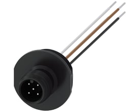 Siemens 5-polet M12 positionsstik med M20x1,5 gevind og tre farvede ledninger: hvid, brun og sort. Den sorte stikdel har synlige kontakter.