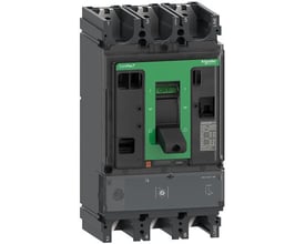 Schneider Electric ComPacT NSX400R 3-polet maksimalafbryder med 320A mærkestrøm og MicroLogic 1,3 M enhed, visning fra siden med grønt håndtag i 'OFF' position.