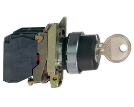 Schneider Electric nøgleafbryder XB4BG21 med Ronis 455 nøgle indsat i venstre position, viser 1 NO kontakt bagpå.