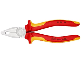 Knipex kombinationstang 0306-180 med isolerede greb, tæt på kæberne.