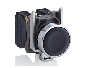 Komplet Schneider Electric trykknap i sort metal med blank kromring og 1NO+NC kontaktelementer på hvid baggrund.
