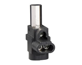 Nærbillede af Schneider Electric multikabelklemme for 3x16mm2 kabler, der viser de sorte plasthuse og skrueterminaler.