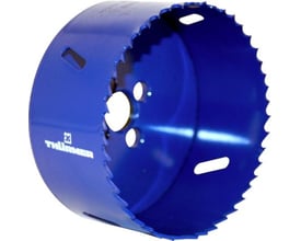 Blå Thürmer bi-metal-hulsav med HSS-Co og diameter på 160 mm, set skråt forfra med savtænder og åbninger.