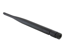 Sort DeLock WLAN-antenne med 5 dBi, RP-SMA-stik og vippeled, vist diagonalt med stikket forrest.