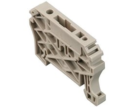 Tættere vinkel på Weidmüller endevinkel PA i mørk beige, viser monteringsdetaljer til TS 35 DIN-skinne.