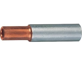 Klauke pressemuffe AL70/95 CU95 fremstillet af E-aluminium og kobber, blank overflade, detalje af kobberenden.