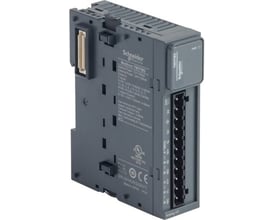 Schneider Electric TM3-modul med analoge indgange og udgange, model TM3AI2, med skrueklemmer for 24V forsyning og analoge signaler.