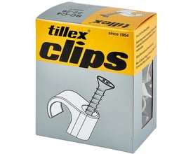 En kasse med Tillex Skrueclips SC-C4 til 22-26 mm rør, illustreret med en skrueclips på den gule forside.