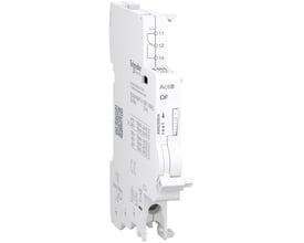 Schneider Electric Acti9 modulær signalkontakt, hvid, med testknap og tydelige mærkninger for tilslutning.