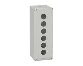 Frontvisning af Schneider Electric Harmony XAP trykknapkasse i grå metal, viser seks runde huller til trykknapper og Schneider Electric logo.