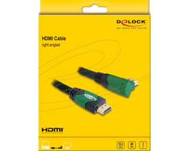 Emballage med DeLock HDMI-kabel på 3 meter, hvor det grønne og sorte kabel med vinklet HDMI-stik ses sammen med 4K-markering.
