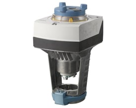 Siemens SAX81.00 ventil aktuator i hvid og mørkegrå med blå detaljer, 800 N, 20mm, AC/DC 24 V.