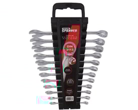 Tecos ringgaffelnøglesæt med 12 dele (8-19 mm) i Chrom Vanadium stål, præsenteret i en sort plastic holder med håndtag.