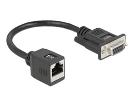 Sort DeLock seriel adapter til RS-232, RS-422 og RS-485 med DB9-hun og RJ45-bøsning på kort kabel.