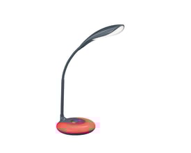 Antracit Krait RGB bordlampe med rød base, isoleret på hvid baggrund, viser dens moderne design og farvede lysring.